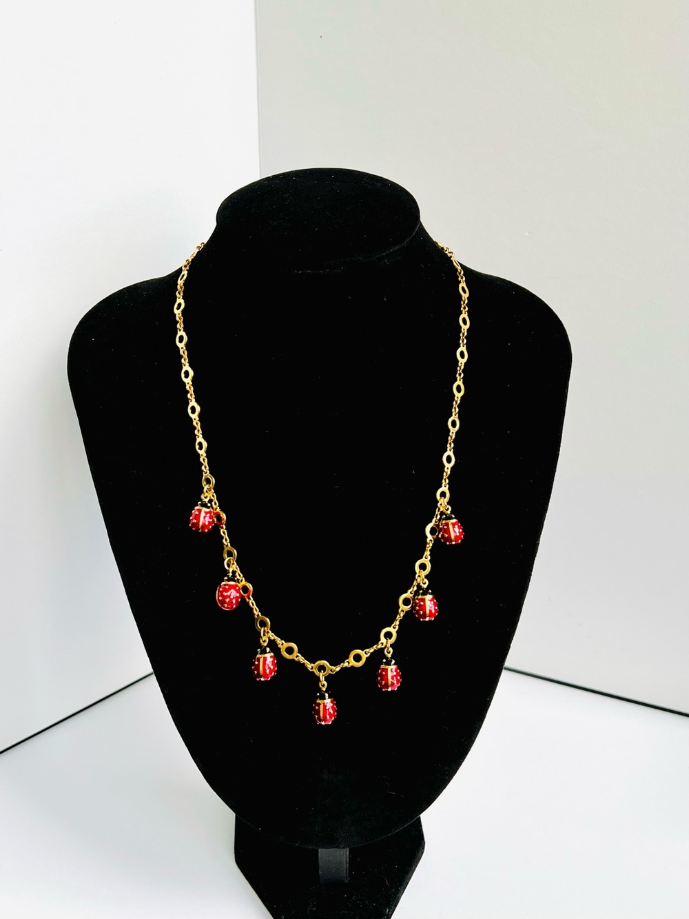 Joan Rivers Enamel Ladybug Necklace 20.5"+3.5" VTG